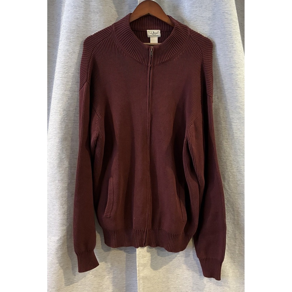 LL Bean Sweater Mens XL Burgundy Full Zip Mock Neck Cotton Grandpacore‎